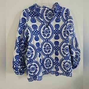 Blue and White Embroider Patterned Blouse
